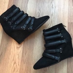 Schutz black suede Velcro strap wedge ankle boots
